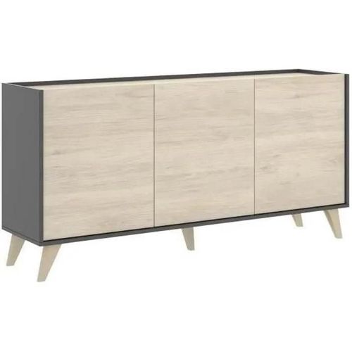 Buffet Contemporain 3 Portes - Décor Graphite Et Chene - L 155 X P 43 X H 75 Cm - Ness