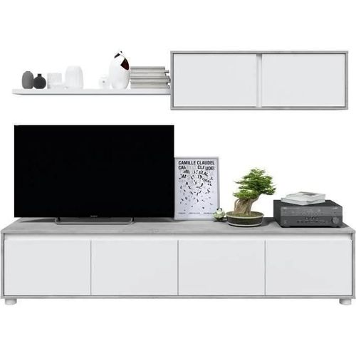 Meuble Tv Adan 4 Portes Avec Étagère Murale 2 Portes L200cm - Blanc / Béton