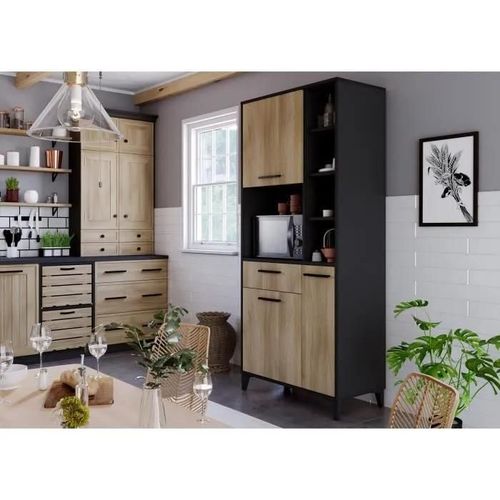 Buffet Haut De Cuisine Eco - 3 Portes Et 1 Tiroir - Mélamine Chene Et Noir - L 80 X P 40 X H 178 Cm