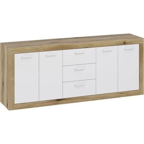 Buffet Mélamine Chene Rustique Et Blanc Mat - 4 Portes Et 3 Tiroirs Stone