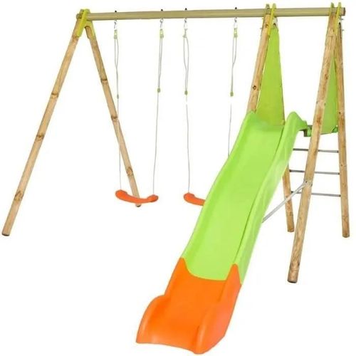 Trigano Portique Bois/Métal Arroba 2,30m - 2 Balançoires + 1 Plateforme 1,20 M + 1 Toboggan 2,63m