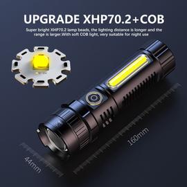 Torche rechargeable USB, torche LED XHP70 super lumineuse avec zoom