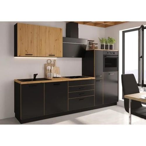 Cuisine Complete Aya - Décor Noir - L 280 X P 60 X H 214 Cm - Plan De Travail Inclus