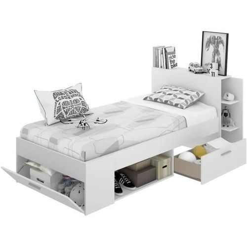 Sax Lit Enfant 90x190 Cm Multiples Rangements - Décor Blanc