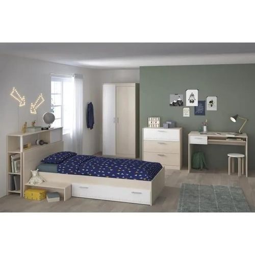 Charlemagne Chambre Enfant Complete - Tete De Lit Lit Commode Armoire Bureau - Contemporain - Décor Acacia Clair Et Blanc