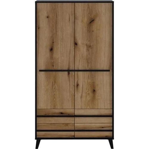 Armoire Heka 2 Portes + 4 Tiroirs - Décor Noir Et Chene - L100 X P50 X H180 Cm - Fabriqué En Espagne