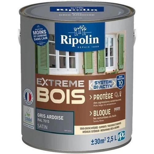 Peinture pour Bois -Intérieur/Extérieur - RIPOLIN - Ultra-couvrante - Résiste aux Intempéries. UV.Chocs -Satin - Gris Ardoise -