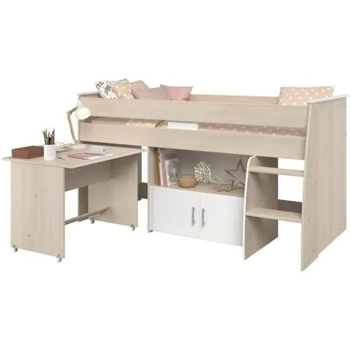 Lit Combiné Enfant Zola 90x200 Cm - 2 Portes - Avec Bureau - Décor Acacia Clair Et Blanc - L 206,3 X H 110 X P 114/183 Cm - Pa