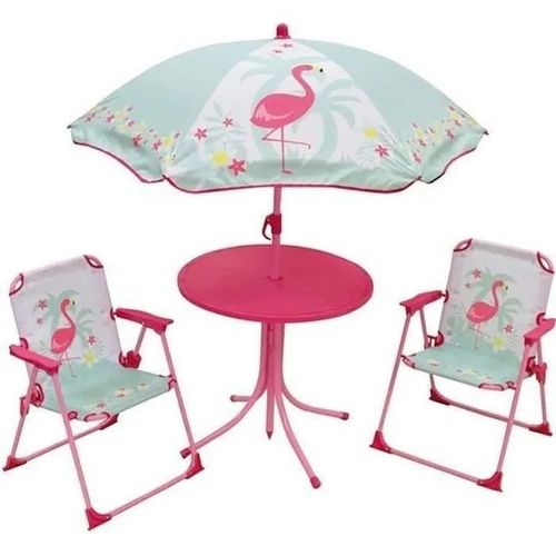 Fun House 713088 Flamant Rose Salon De Jardin Avec Une Table. 2 Chaises Pliables Et Un Parasol Pour Enfant