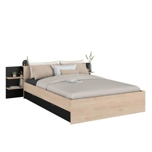 Lit Adulte Horn Avec Tiroir De Rangement - 140 X 190/200 Cm - Décor Chene Et Noir - Parisot
