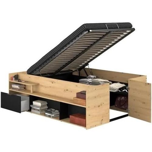 Odyssee Lit Adulte - 140x200 Cm - Avec Coffre Relevable - Décor Chene Et Noir - L 166,2 X 66,5 X 205,8 Cm