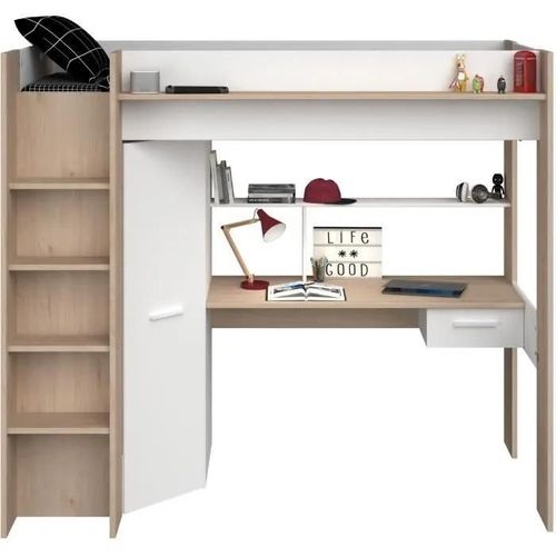 Lit Mezzanine Avec Bureau Et Armoire - 90 X 200 Cm - Coloris : Blanc Et Naturel - Auckland
