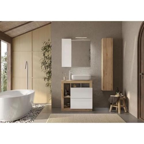 Ensemble Meuble Salle De Bain Hambourg L78 - Vasque + 2 Tiroirs + 3 Niches + Colonne - Coloris Chene Clair Et Laqué Blanc