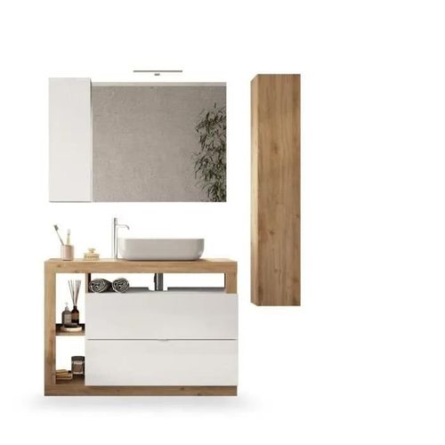 Ensemble Meuble Salle De Bain Hambourg L110 - Vasque + 2 Tiroirs + 3 Niches + Colonne - Coloris Chene Clair Et Laqué Blanc