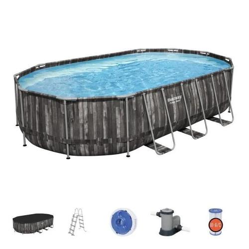 Piscine tubulaire ovale power steel 6.10 x 3.66 x h.1.22 m - décor bois