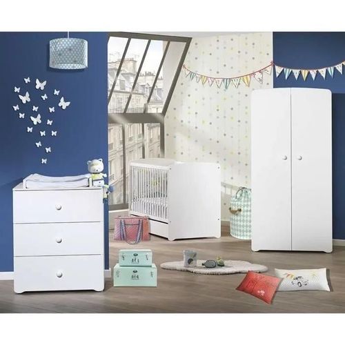 Chambre Bébé Trio Lit Bébé Blanc 120x60 + Commode À Langer 3 Tiroirs + Armoire 2 Portes Basic Blanc