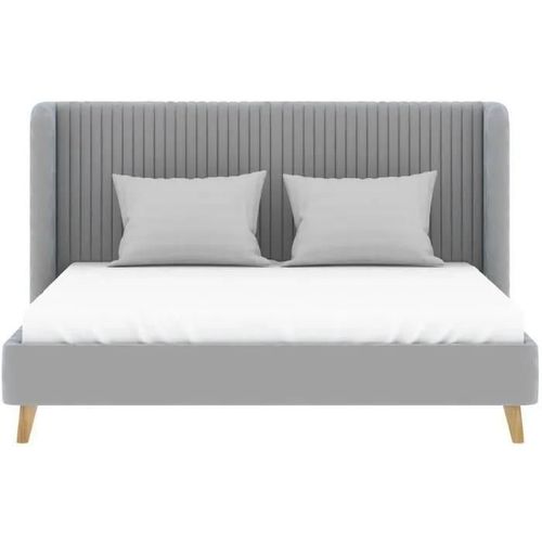 Lit Adulte Heidi - 140 X 190 Cm - Velours Gris - Sommier Inclus