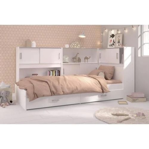 Scoop Lit Enfant Avec 3 Meubles De Rangement Contemporain Décor Blanc - L 90 X L 200 Cm
