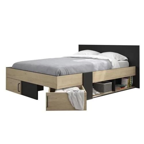 Lit 2 Personnes 140x190 Cm Avec 2 Tiroirs Décor Chêne Et Noir