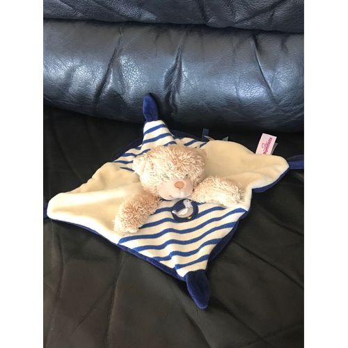 Doudou Plat Ours Écru Bleu Blanc Rayé Marin Mouette Pommette 