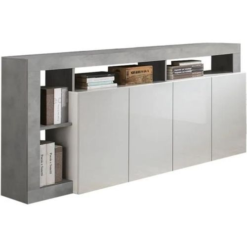 Buffet Maestro - Décor Béton Et Blanc Laqué Brillant - 4 Portes - L 184 X P 42 X H 93 Cm