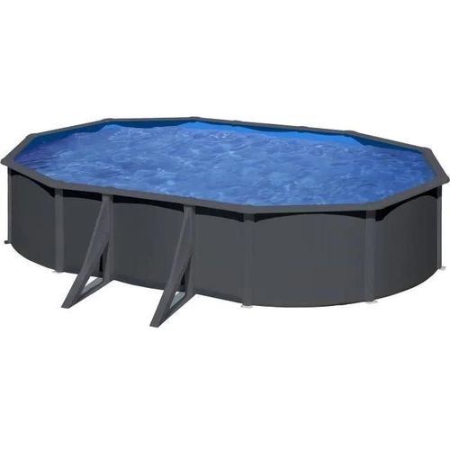 Piscine ovale acier 5,27m x 3,27m x H: 1,22m - Gris anthracite - Filtration à sable - Renfort apparents