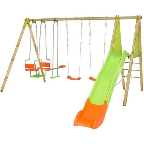 Trigano Portique Bois/Métal Kahuna 2,30m - 4 Agrès + 1 Plateforme 1,20m + 1 Toboggan 2,63 M