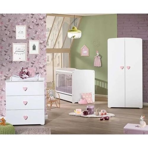 Chambre Bébé Trio Lit Bébé Blanc + Commode À Langer 3 Tiroirs Boutons Coeur + Armoire 2 Portes Boutons Coeur Basic