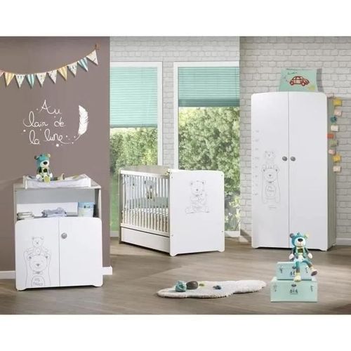 Chambre Bébé Trio Lit Bébé 120x60 + Commode 2 Portes + Armoire 2 Portes Teddy