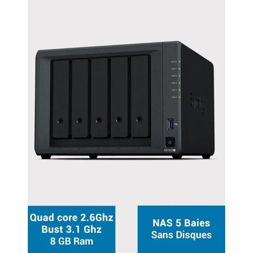 Synology Disk Station DS1522+ - Serveur NAS - 5 Baies - SATA 6Gb/s - RAID 0, 1, 5, 6, 10, JBOD - RAM 8 Go - Gigabit Ethernet - iSCSI support
