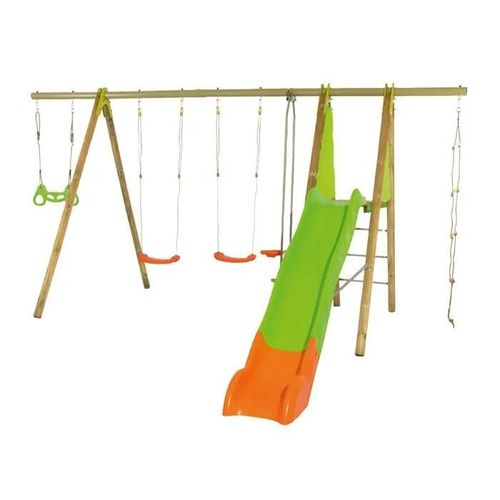 Trigano Portique Bois/Métal Makuta 2,30m - 4 Agrès + 1 Plateforme 1,20m + Toboggan + 1 Échelle