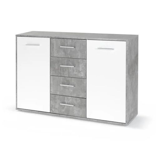 Pilvi Buffet Bas 2 Portes 4 Tiroirs - Blanc Et Béton Gris Clair - L 122,6 X P 34,2 H 88,1 Cm