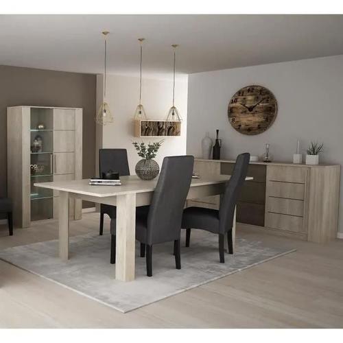 Demeyere Ensemble Séjour Table À Manger 170 Cm + Enfilade 2 Portes + Vitrine 1 Porte Vitrée - Décor Chêne/Béton Clair - Antibes