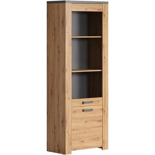Vitrine Follow - Mélaminé Chene Artisan Et Gris Ardoise - 2 Portes Dont 1 En Verre Trempée - L73 X H199 X P40 Cm - Trendteam