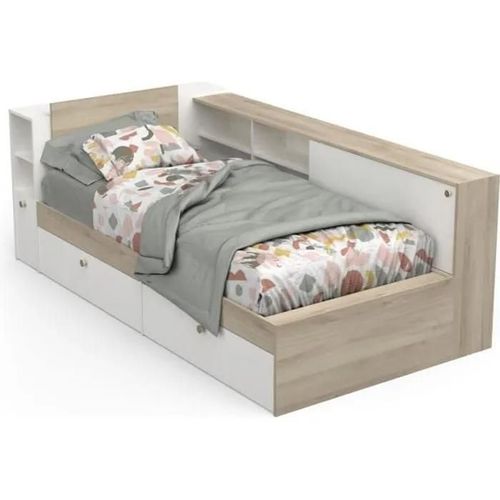Lit Enfant Life 1 Personne - 90x190/200 - Rangements - Décor Chene Et Blanc - Demeyere - Fabriqué En France