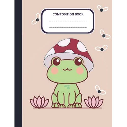 Composition Book: Cute Frog With Mushroom Hat , College Ruled Notebook , Cottagecore Aesthetic Yellow Notebook For School