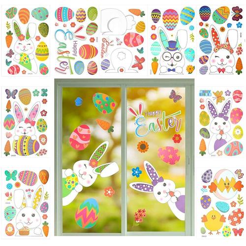 Autocollants de fenêtre en verre de pâques, autocollant mural coloré lapin  œufs de pâques, décalcomanie pour