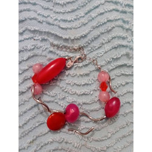 Bracelet Perles Roses Et Métal Argenté.