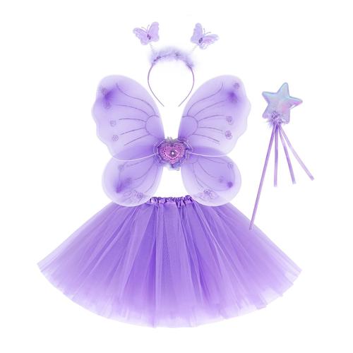 Deguisement De Clochette Fée Papillon - Ailes, Baguette, Serre-Tête Et Tutu - Déguisement Papillon Pour Enfants 3-8 Ans -Couleur Violet