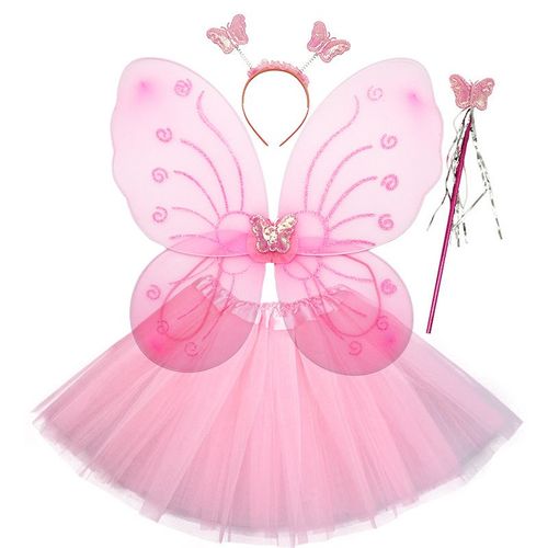 Fun Play Deguisement De Clochette Fée Papillon - Ailes, Baguette, Serre-Tête Et Tutu - Déguisement Papillon Pour Enfants 3-8 Ans - Couleur Rose