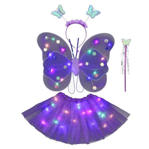 Costume De Fée Pour Fille | Ensemble De Déguisement De Princesse Avec Ailes De Fée ? Comprend Une Jupe Led, Une Baguette Et Un Bandeau Pour Fête Violet