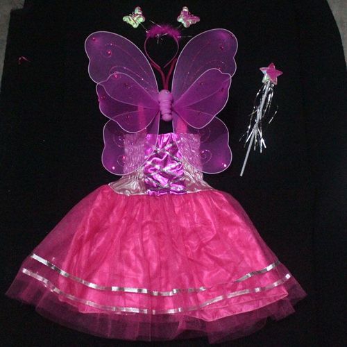 (Rose Foncé) 4 Pièces Déguisement Fée Enfant Costume Papillon Avec Fée Baguette Ailes De Fée Robe Fée Bandeau Couronne Fleurs Cheveux Fée Costume Princesse Fête Anniversaire Pour Fille Enfant