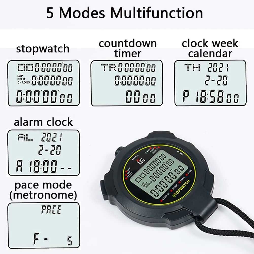 Chronomètre numérique R, chronomètre sport avec rythme, mémoire divisée  tour, chronométrage seconde, affichage LCD Lar back, Functa