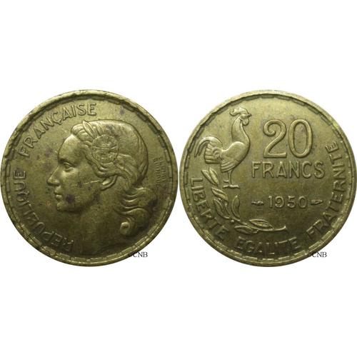 France : Pièce De Monnaie De Collection D'une Valeur Faciale De 20 Francs. Année : 1950 Avec Variété 3 Faucilles / Plumes Et Signature Sur 2 Lignes : Georges Guiraud . En Bronze-Alu. Diamètre = 23 Mm.