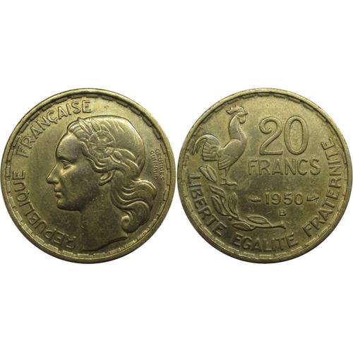 France : Pièce De Monnaie De Collection D'une Valeur Faciale De 20 Francs. Année : 1950 Avec Lettre B, Variété 3 Faucilles / Plumes Et Signature Sur 2 Lignes : Georges Guiraud . En Bronze-Alu, 23 Mm.