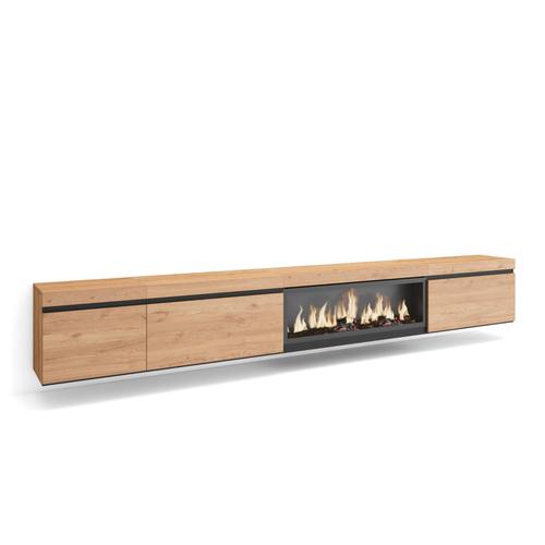 Meuble Tv | Banc Télé | Grand Espace De Rangement | 317x45x35 Cm | Cheminée Électrique Xxl | Suspendu, Mural | Style Moderne | Chêne