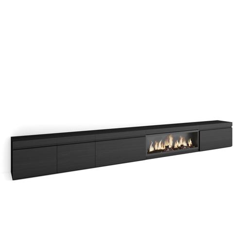 Meuble Tv | Banc Télé | Grand Espace De Rangement | 368x45x35 | Cheminée Électrique Xxl | Style Moderne | Noir