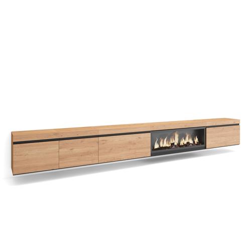 Meuble Tv | Banc Télé | Grand Espace De Rangement | 368x45x35 | Cheminée Électrique Xxl | Suspendu, Mural | Style Moderne | Chêne