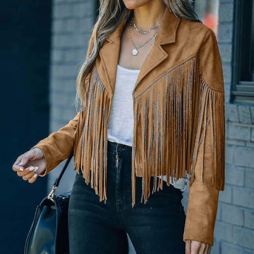 Manteau À Franges Pour Les Femmes Faux Daim En Cuir Cowboy Style Manteau À Manches Longues Tassels Cardigan Coat -Ja
