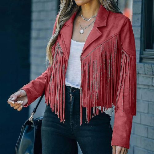 Manteau À Franges Pour Les Femmes Faux Daim En Cuir Cowboy Style Manteau À Manches Longues Tassels Cardigan Coat -Ja